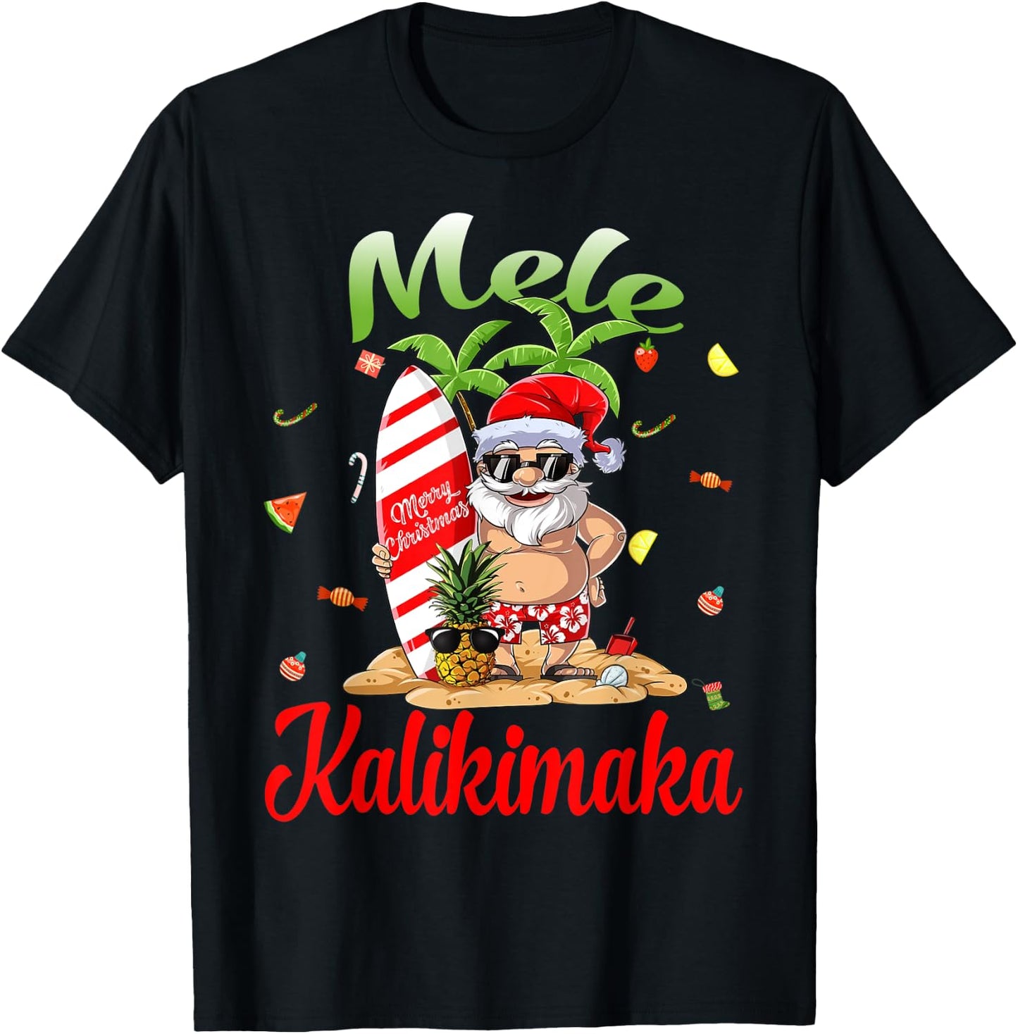 Mele Kalikimaka Christmas Santa Shaka Hawaii T-Shirt - T-Shirt | Black