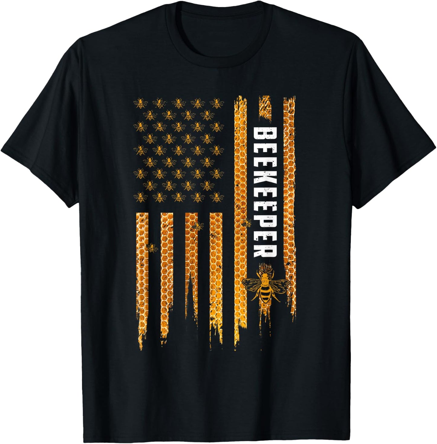 Beekeeping American Flag Honeycomb Honey Bees Beekeeper T-Shirt - T-Shirt | Black