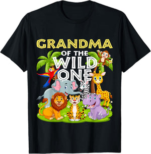 Grandma Of The Wild One Birthday Zoo Animal Safari Jungle T-Shirt - T-Shirt | Black