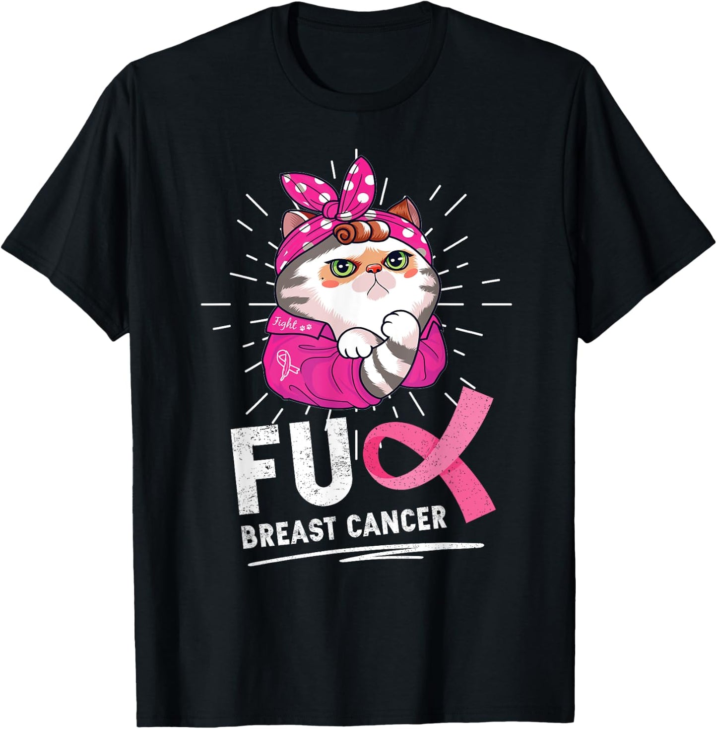 Funny Cat Warrior Fuck Cancer Breast Cancer Awareness Women T-Shirt - T-Shirt | Black