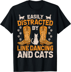 Easily Distracted by Line Dancing and Cats Funny Line Dance T-Shirt - T-Shirt | Black