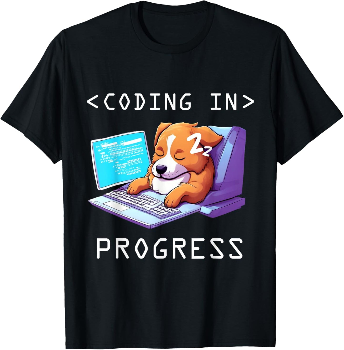 Funny Programming Cute Developer Dog Sleeping Coder Coding T-Shirt - T-Shirt | Black