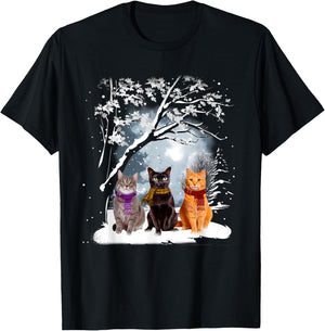 Three Cats Play Snow Winter Funny Cat Lover Merry Christmas T-Shirt - T-Shirt | Black