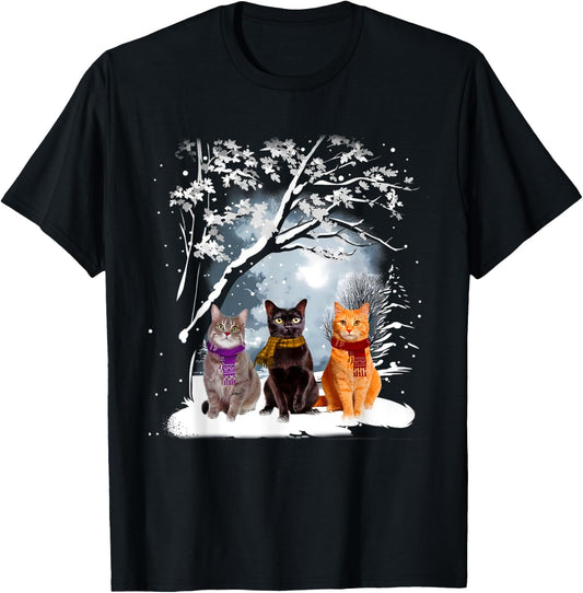 Three Cats Play Snow Winter Funny Cat Lover Merry Christmas T-Shirt - T-Shirt | Black