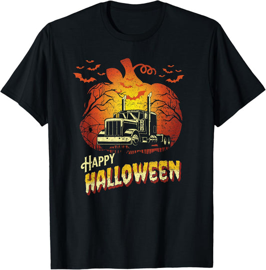 Semi Truck Silhouette Happy Halloween Truck Driver Trucker T-Shirt - T-Shirt | Black