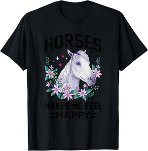 Horses Makes Me Feel Happy Flower White Lipizzaner Horse T-Shirt - T-Shirt | Black