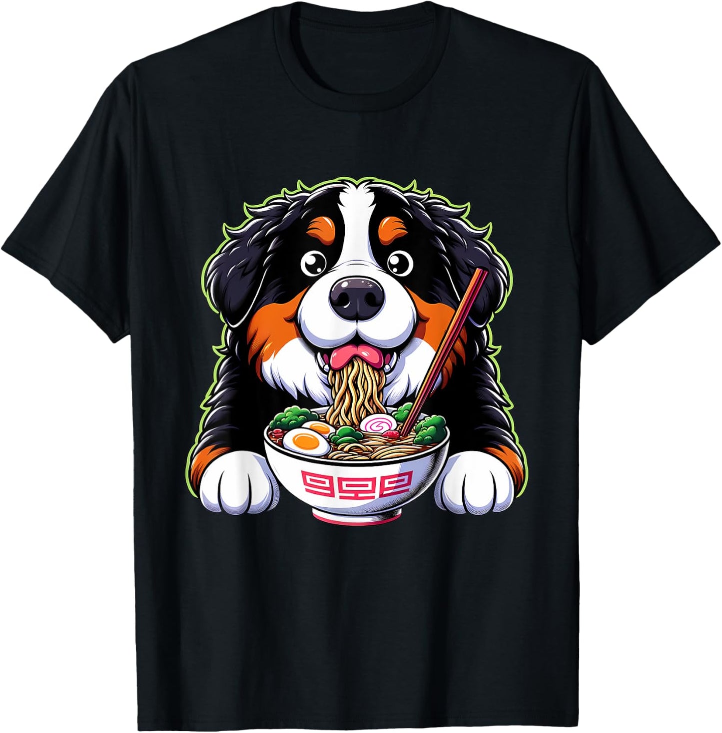 Kawaii Anime Bernese Mountain Dog Ramen T-Shirt - T-Shirt | Black