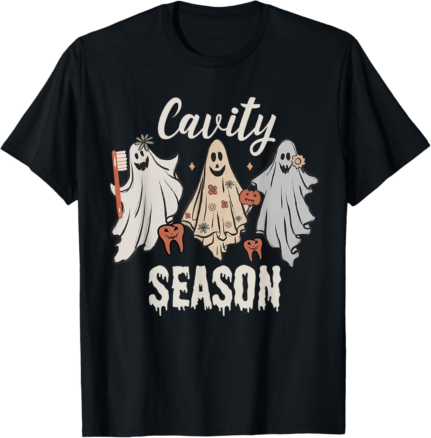 Cavity Season Halloween Funny Dental Ghosts And Toothbrush T-Shirt - T-Shirt | Black