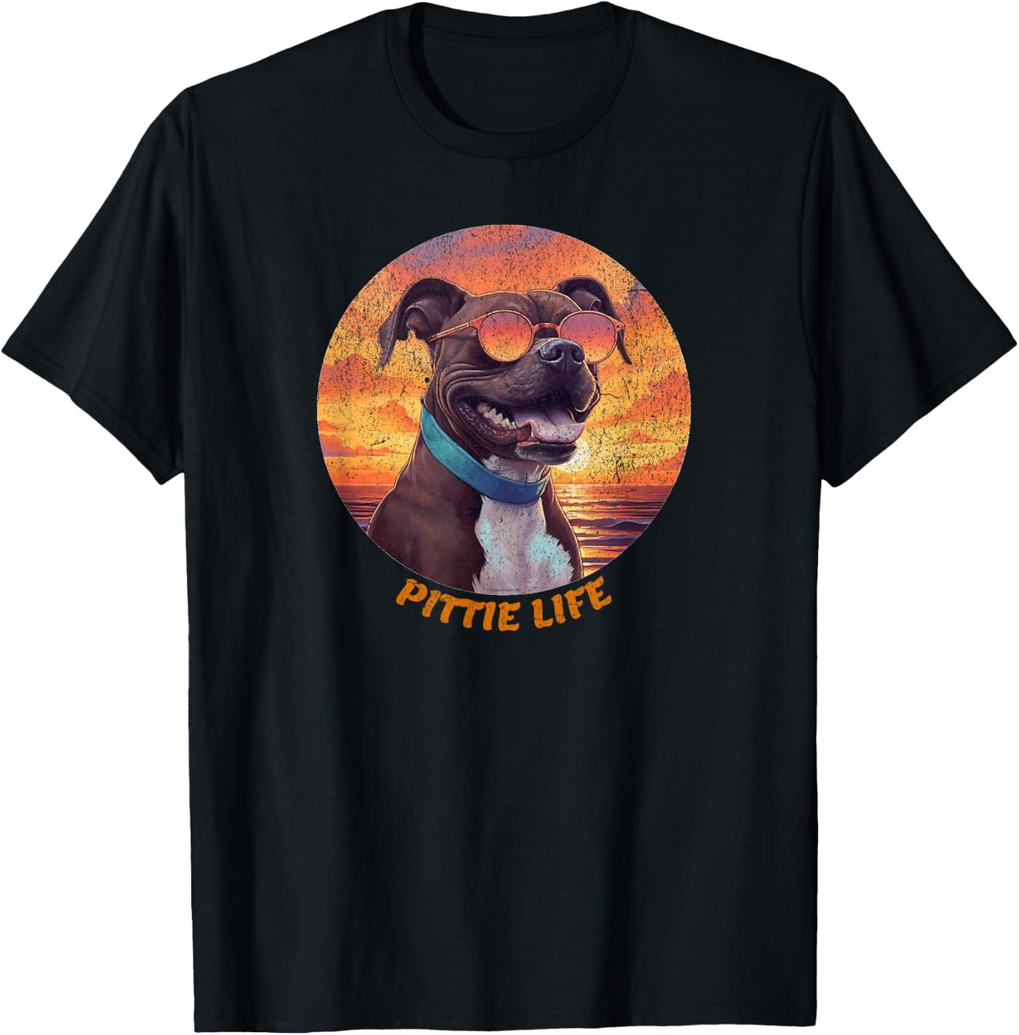 Cute Pittie Life, Pitbull Dog, Retro Sunset, Funny T-Shirt - T-Shirt | Black