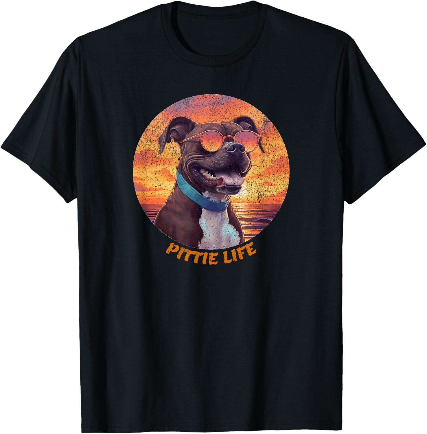 Cute Pittie Life, Pitbull Dog, Retro Sunset, Funny T-Shirt - T-Shirt | Black