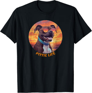 Cute Pittie Life, Pitbull Dog, Retro Sunset, Funny T-Shirt - T-Shirt | Black