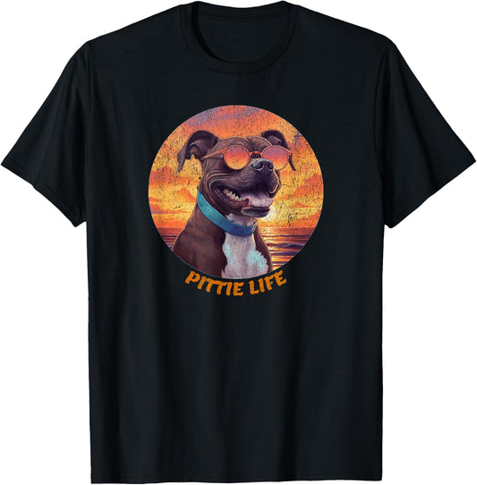 Cute Pittie Life, Pitbull Dog, Retro Sunset, Funny T-Shirt - T-Shirt | Black