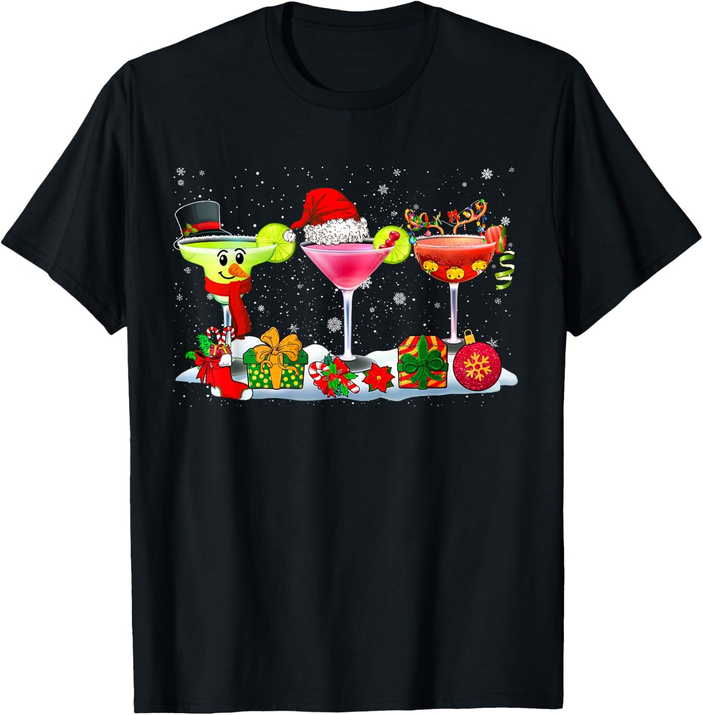 Three Santa Reindeer Snowman Glasses Of Cocktail Funny Xmas T-Shirt - T-Shirt | Black