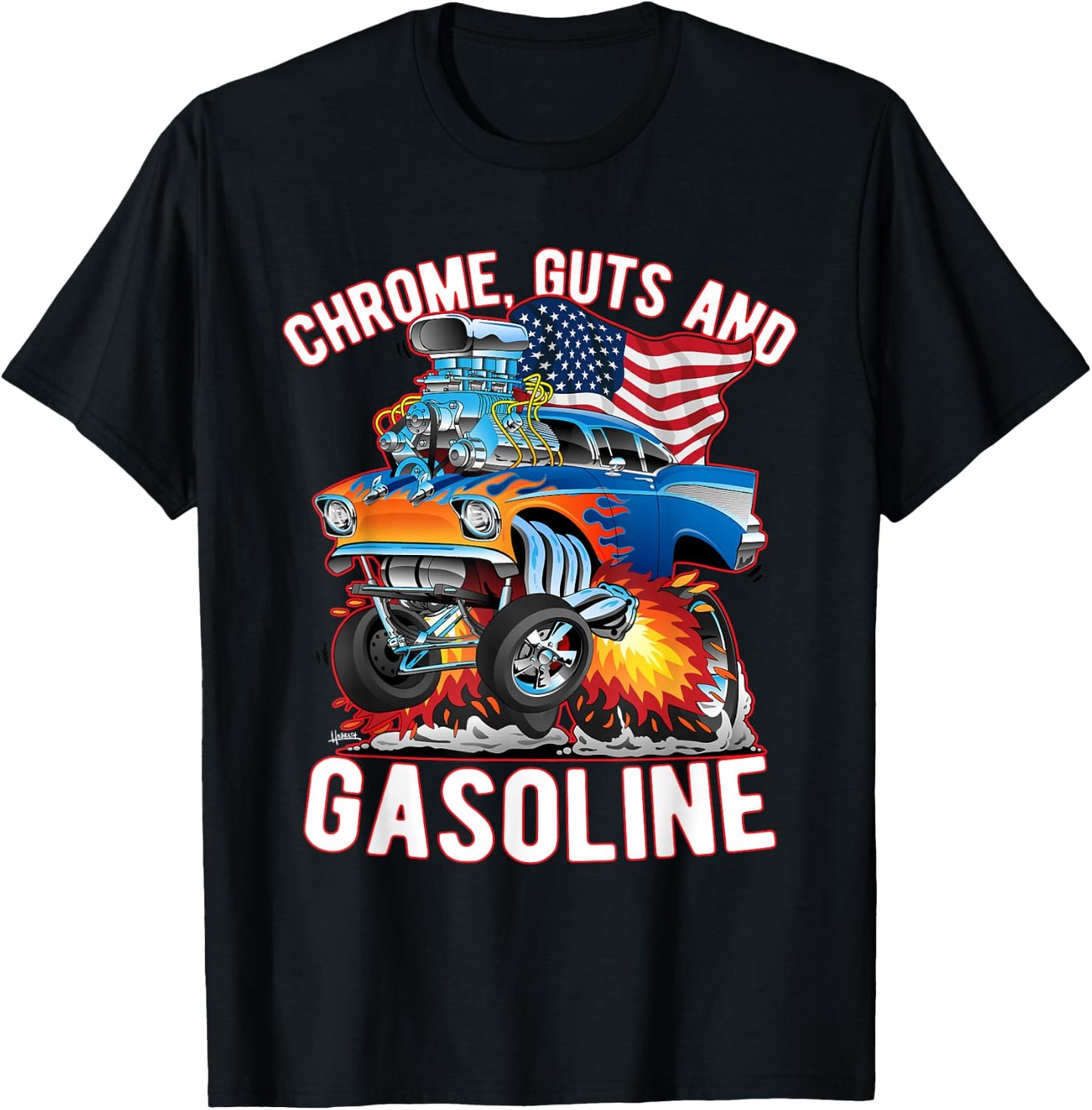 Jeff Hobrath Funny Chrome Guts and Gasoline Hotrod Car Cartoon Design - -Adults/Kids, Black, Short Sleeve, Small T-Shirt - T-Shirt | Black