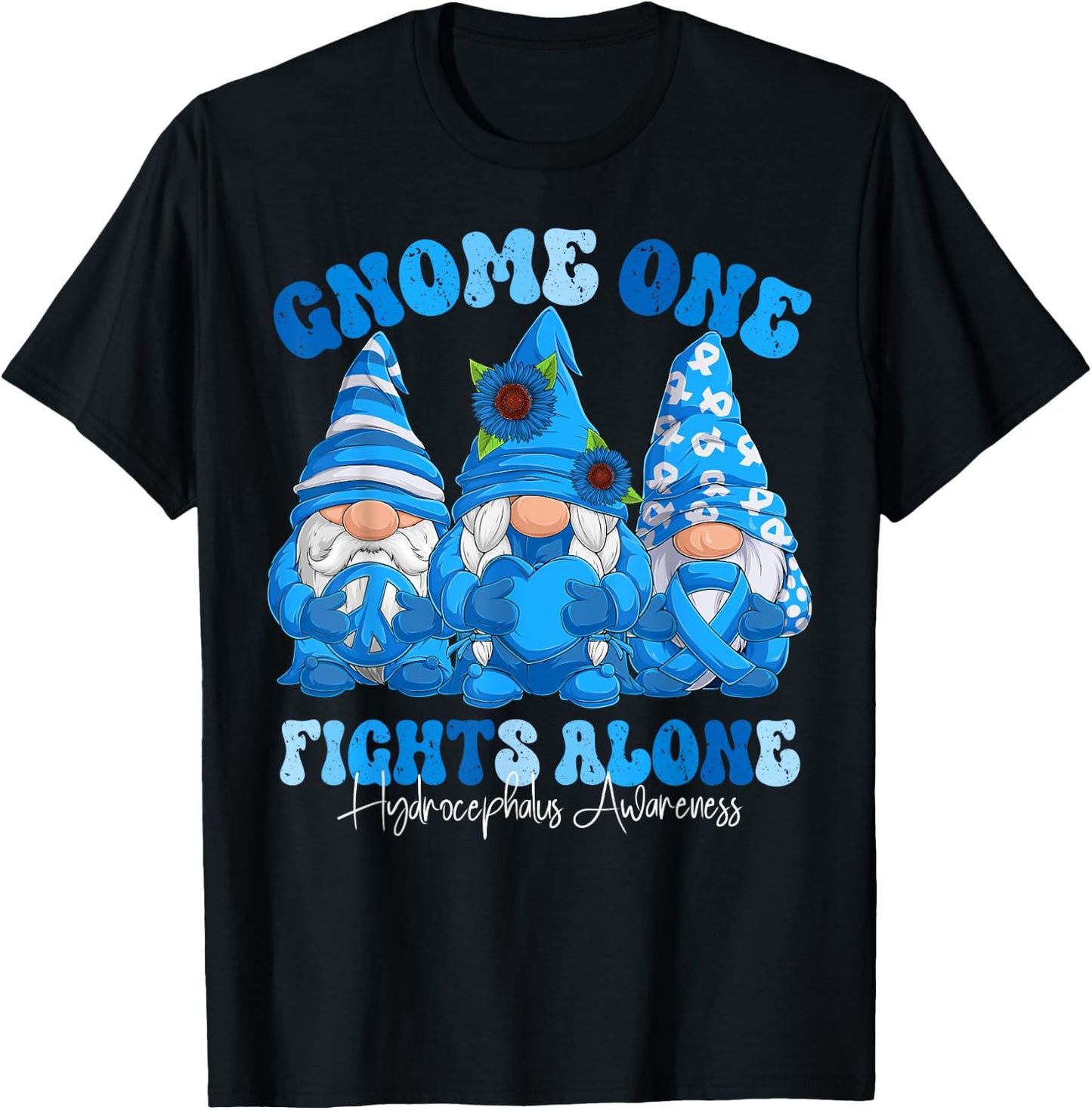 Hydrocephalus Awareness Month Blue Ribbon Gnomies T-Shirt - T-Shirt | Black