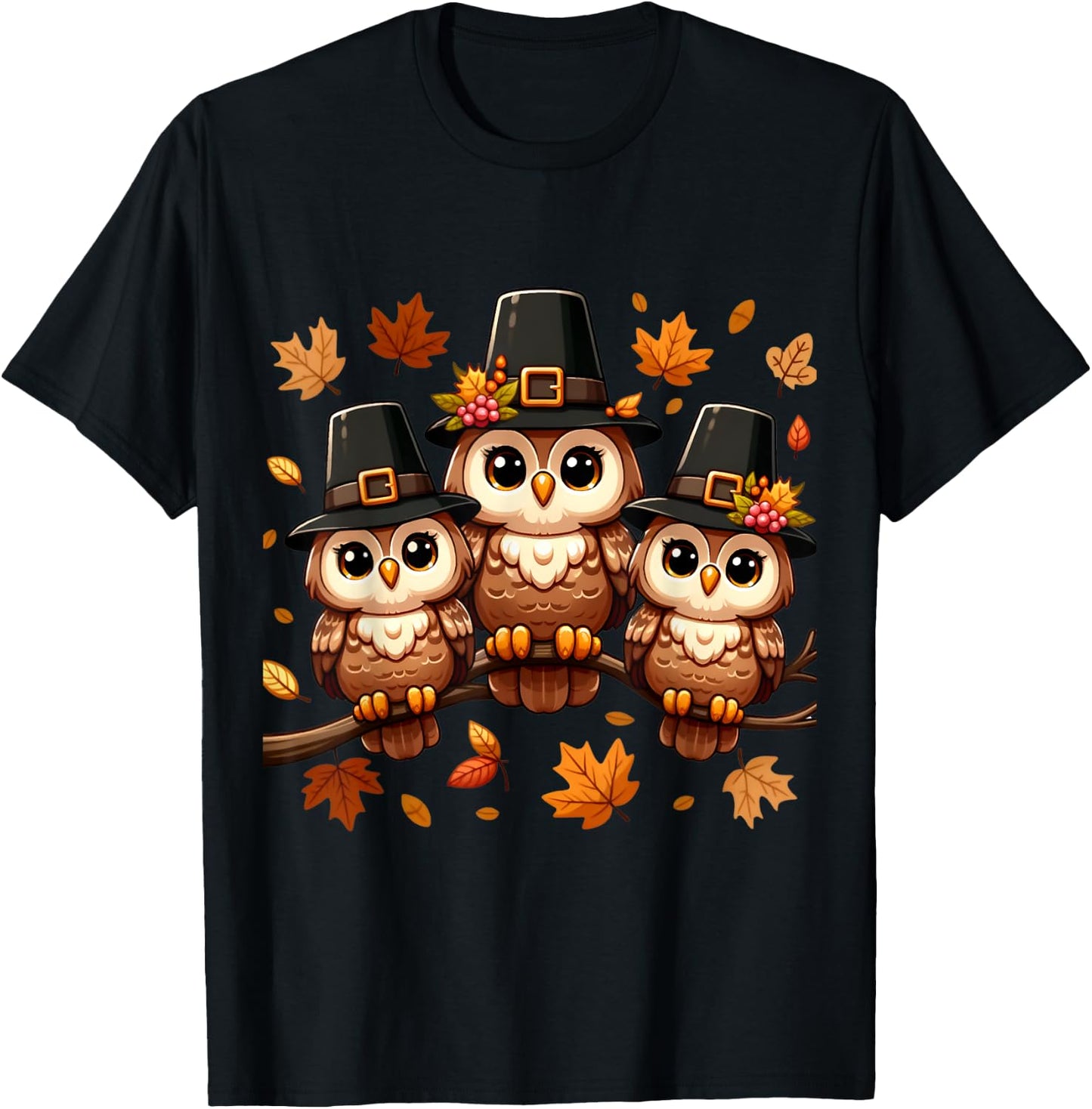 Pilgrim Owls on Autumn Perch Thanksgiving T-Shirt - T-Shirt | Black