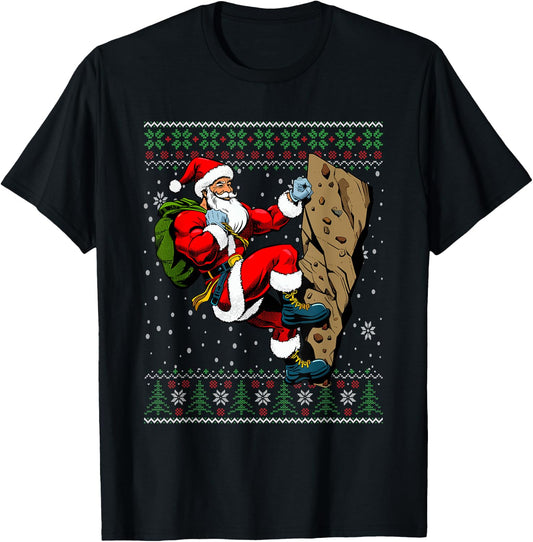 Christmas Santa Rock Climbing Ugly Christmas Sweater T-Shirt - T-Shirt | Black