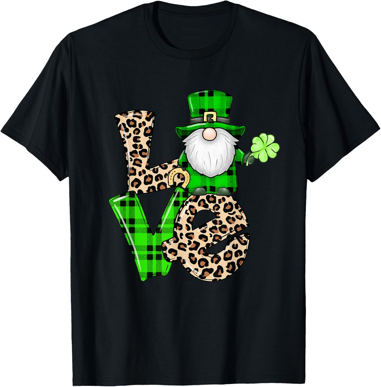 Leopard Shamrock Gnome Leprechaun LOVE St. Patricks Day T-Shirt - T-Shirt | Black