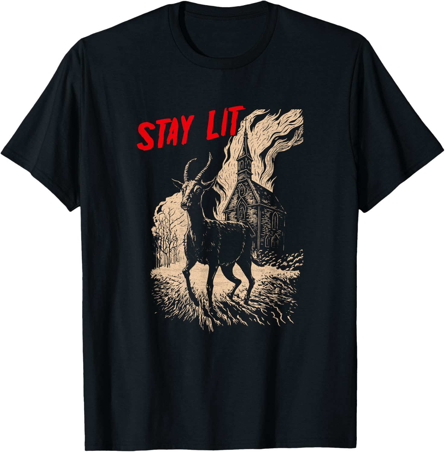 Occult Atheist Black Phillip Burning Church Stay Lit Satan T-Shirt - T-Shirt | Black