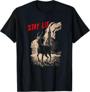 Occult Atheist Black Phillip Burning Church Stay Lit Satan T-Shirt - T-Shirt | Black