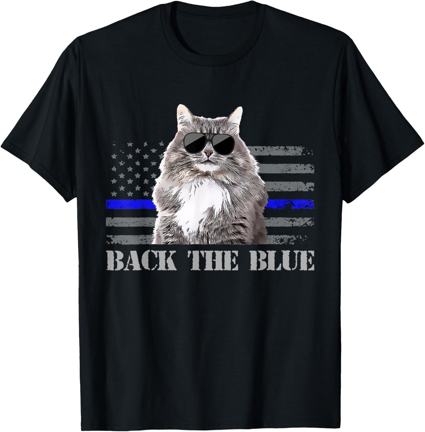 Back the Blue Police Cat Thin Blue Line American Flag Kids Men T-Shirt - T-Shirt | Black