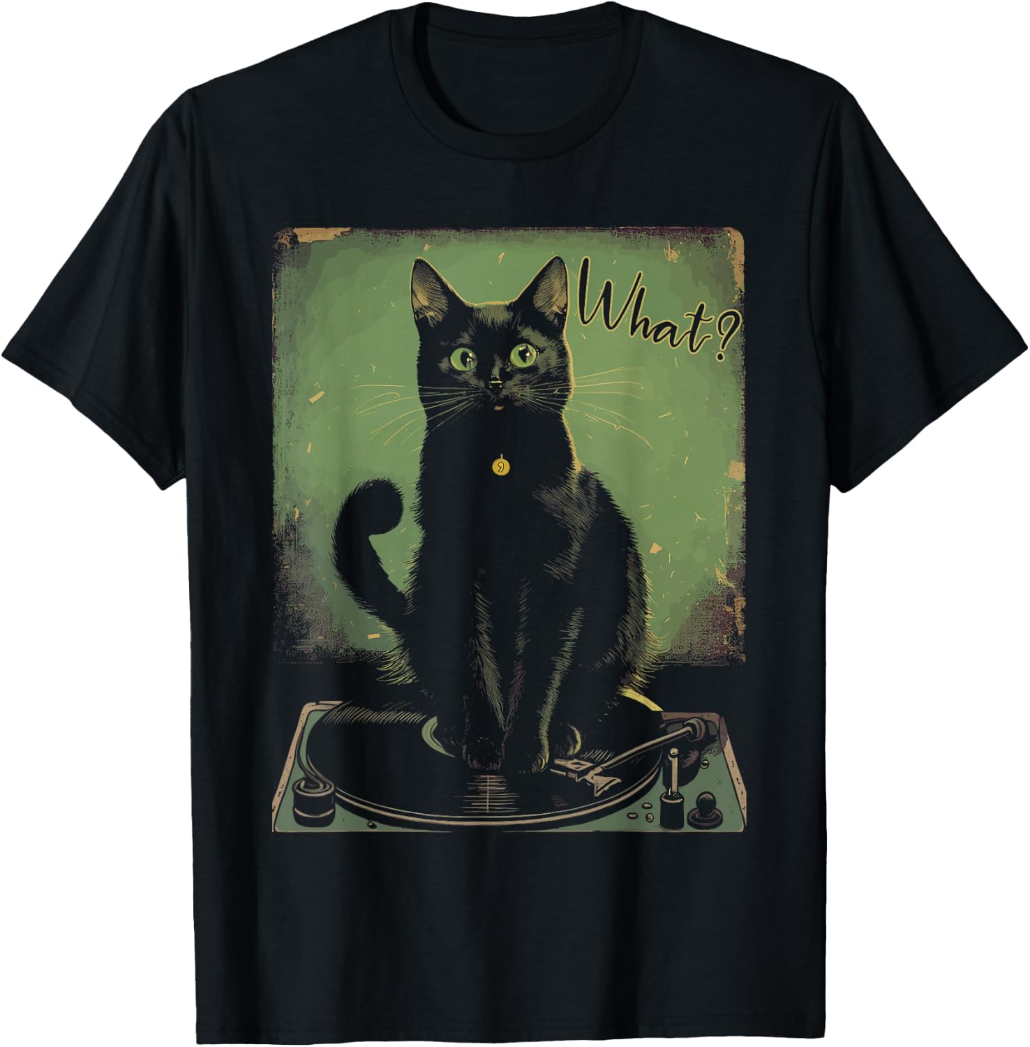 Black Cat Sitting On Vinyl Record Player Women Men T-Shirt - T-Shirt | Black