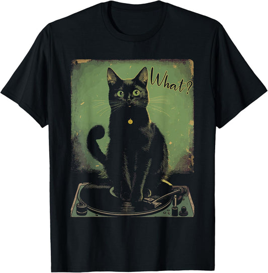 Black Cat Sitting On Vinyl Record Player Women Men T-Shirt - T-Shirt | Black