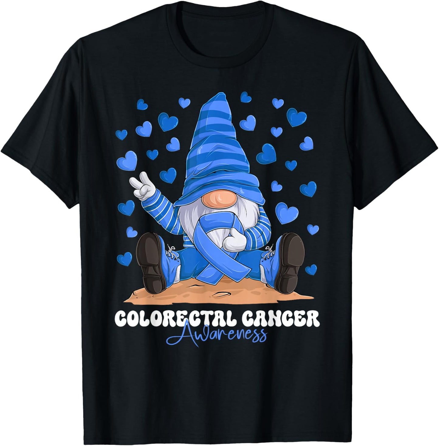 Colorectal Cancer Awareness Month Blue Ribbon Gnome T-Shirt - T-Shirt | Black