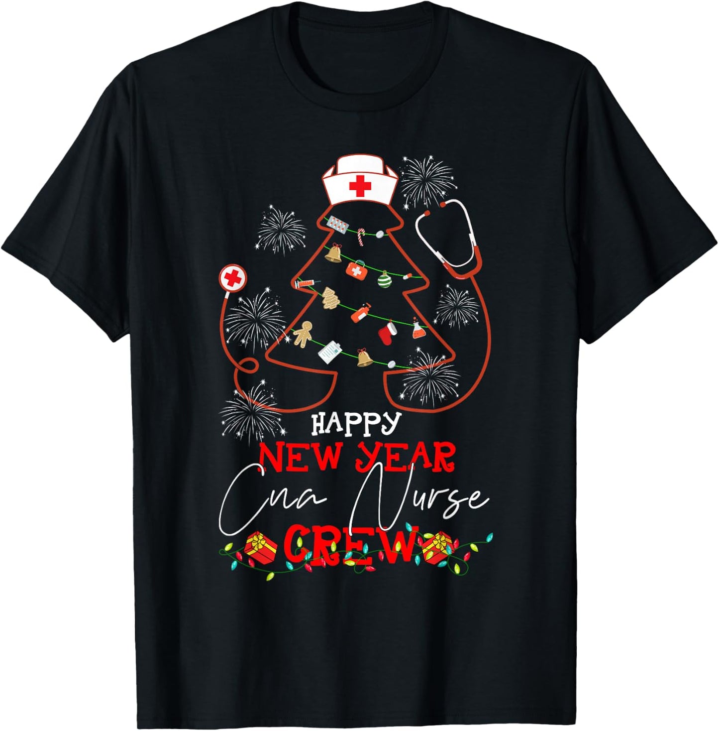 Happy New Year CNA Nurse Crew Reindeer Nurse Christmas T-Shirt - T-Shirt | Black