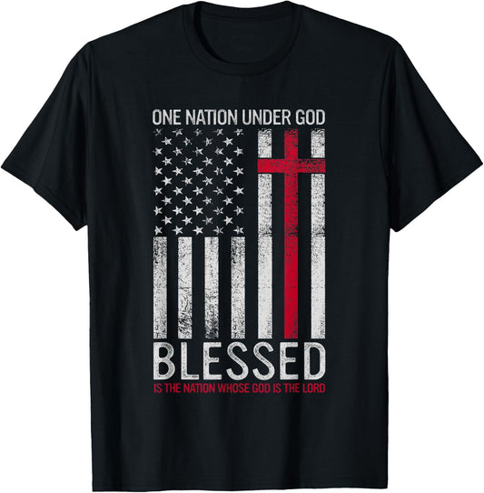 One Nation Under God Jesus Blessed American Flag 4th of July T-Shirt - T-Shirt | Black