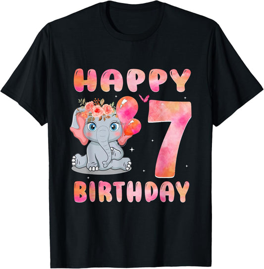 Happy Birthday 7th Elephant Girl Baby Kid 7 Year Old T-Shirt - T-Shirt | Black