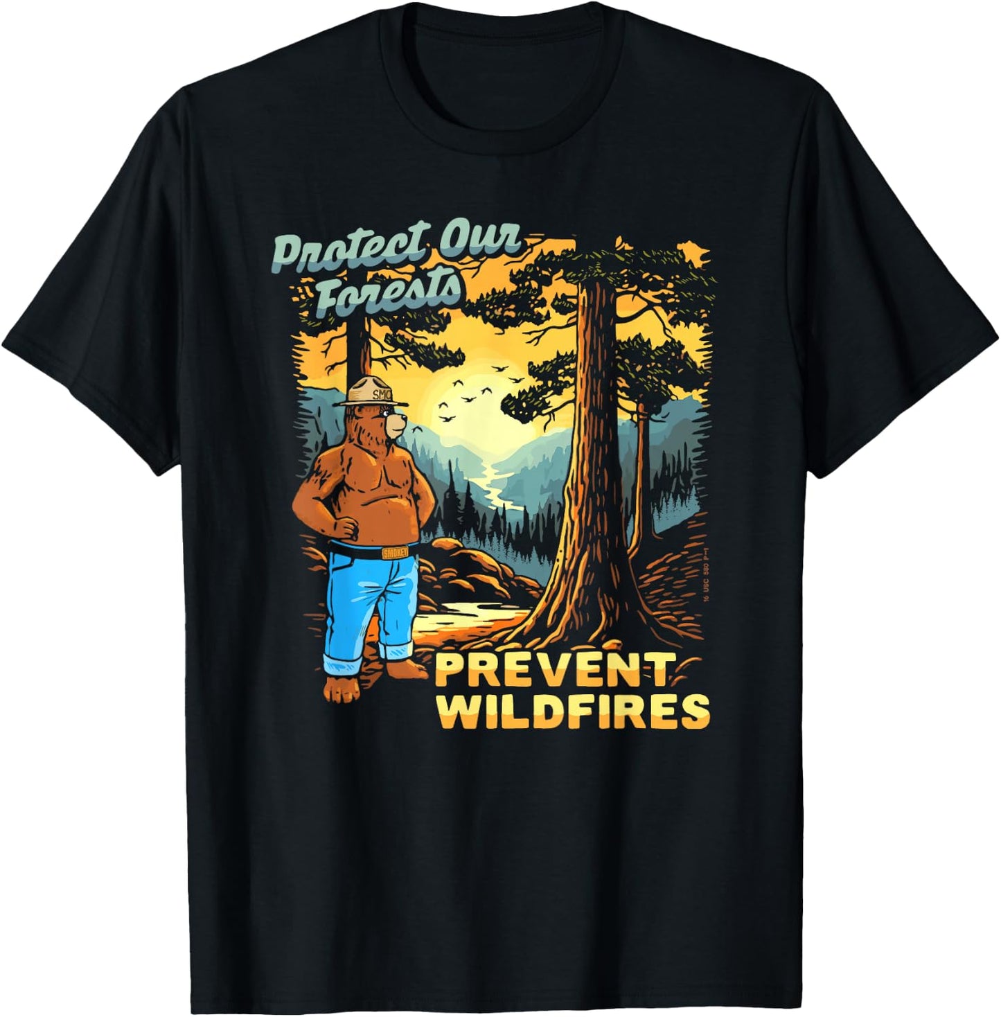 Smokey Bear Sunset Overlook - Protect Our Forests Retro Art T-Shirt - T-Shirt | Black