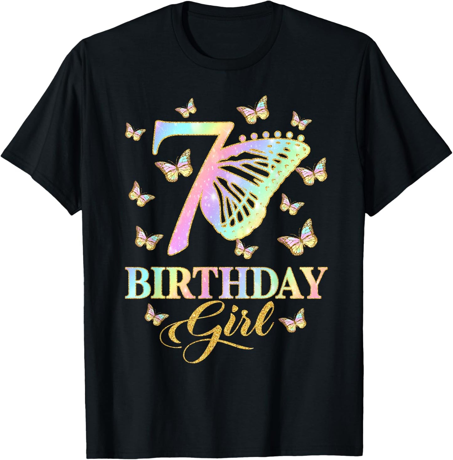 Butterfly 7th Birthday Outfit 7 Year Old Girl Kids Cute T-Shirt - T-Shirt | Black