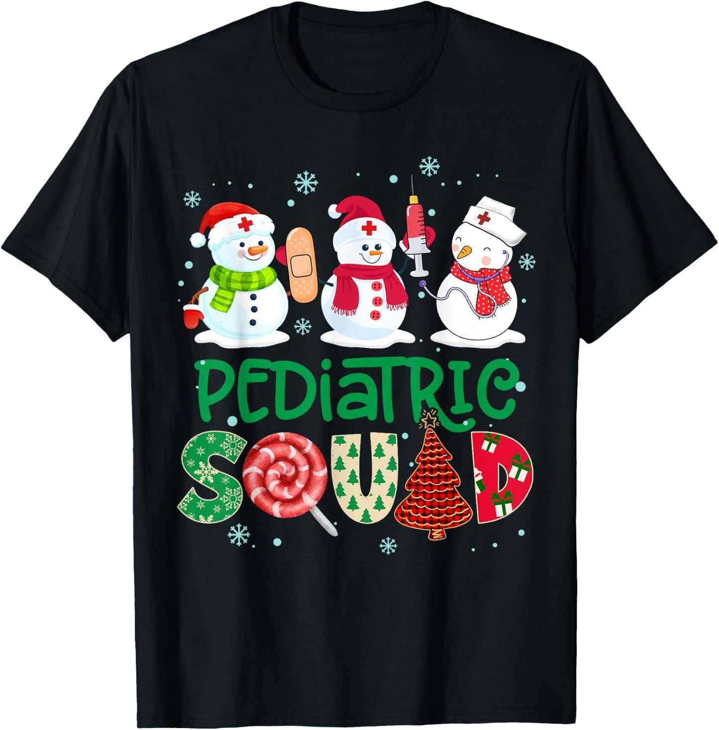 Pediatric Squad Nurse Snowmies Stethoscope Christmas Pine T-Shirt - T-Shirt | Black