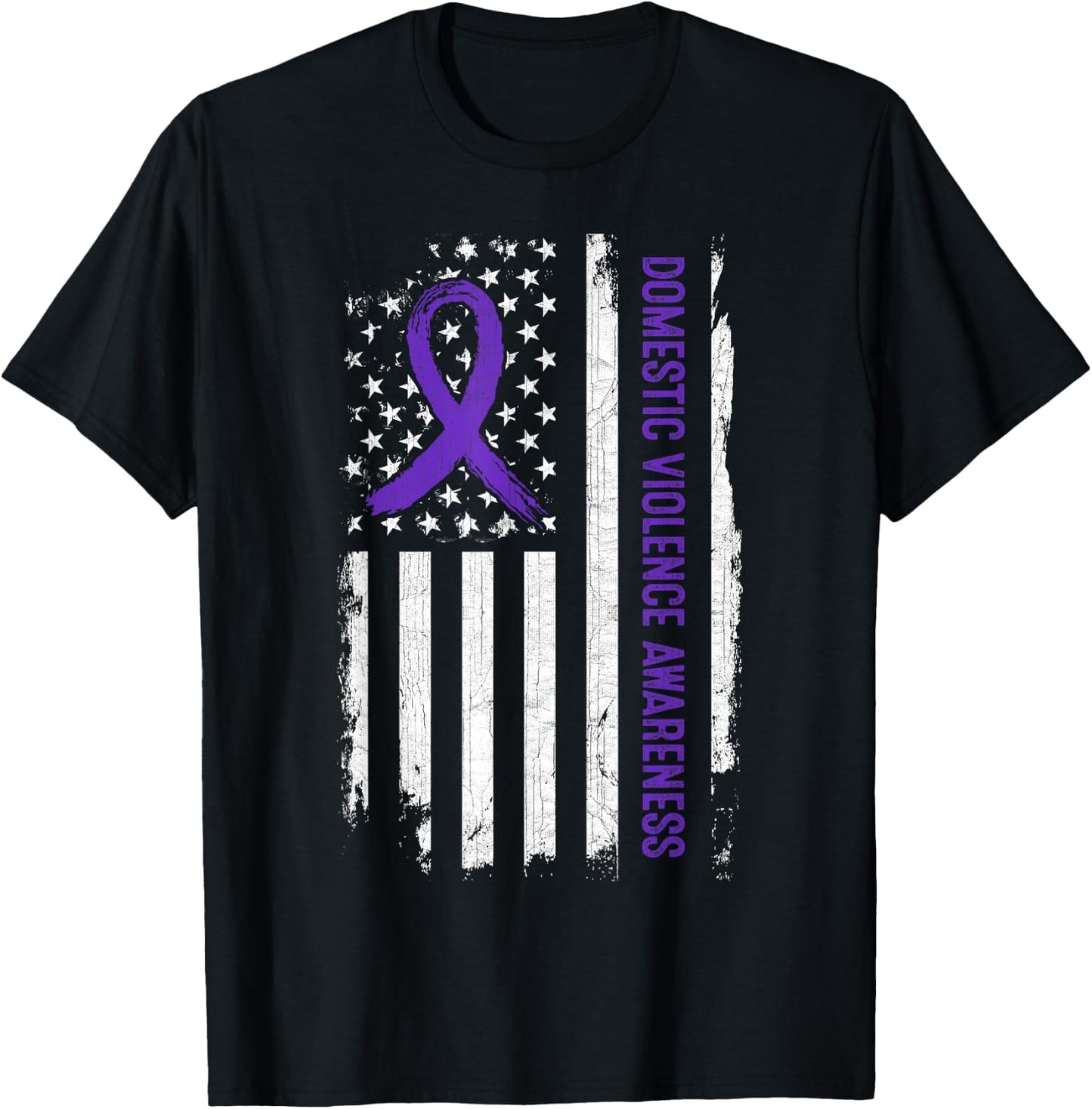 Domestic Violence Awareness American Flag - Purple Ribbon T-Shirt - T-Shirt | Black
