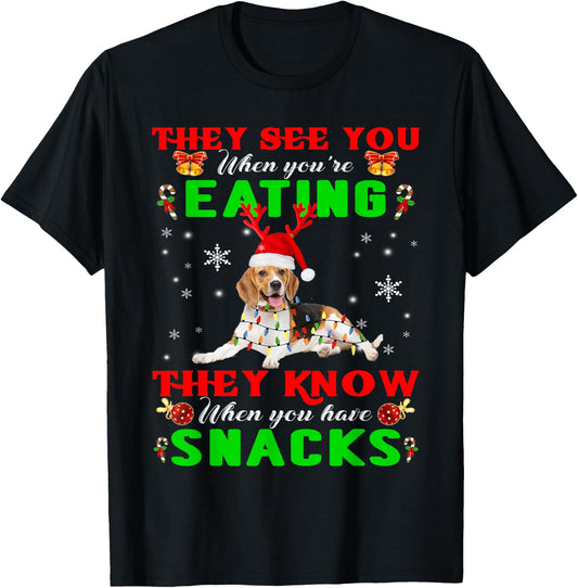 They See You Eating Christmas Reindeer Santa Beagle T-Shirt - T-Shirt | Black