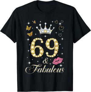 Vintage Happy 69 And Fabulous Crown Heart Lip 69th Birthday T-Shirt - T-Shirt | Black