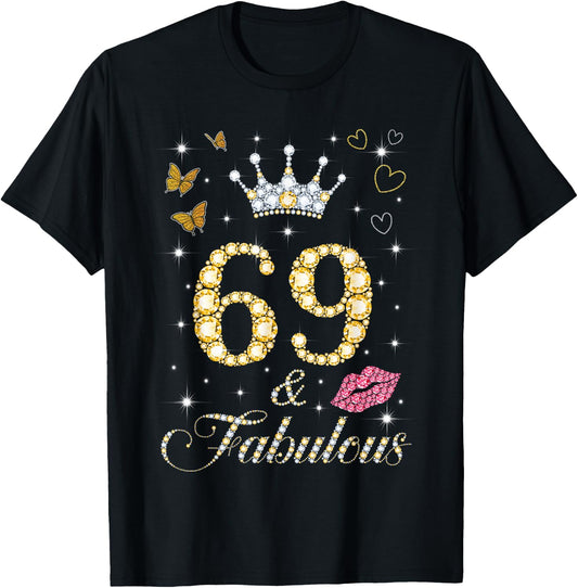 Vintage Happy 69 And Fabulous Crown Heart Lip 69th Birthday T-Shirt - T-Shirt | Black