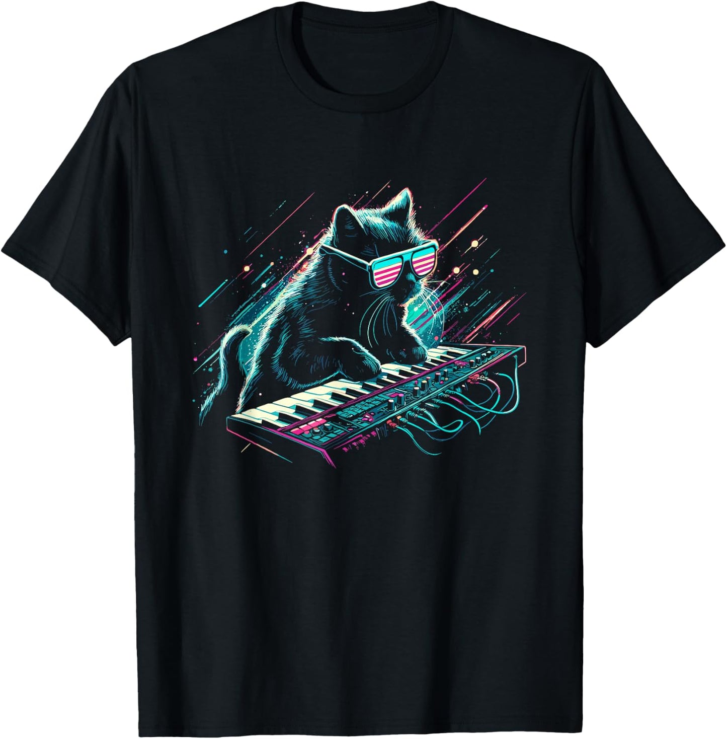 DJ Cat With Synthesizer - Funny Vintage 80s 90s Disco Cat T-Shirt - T-Shirt | Black