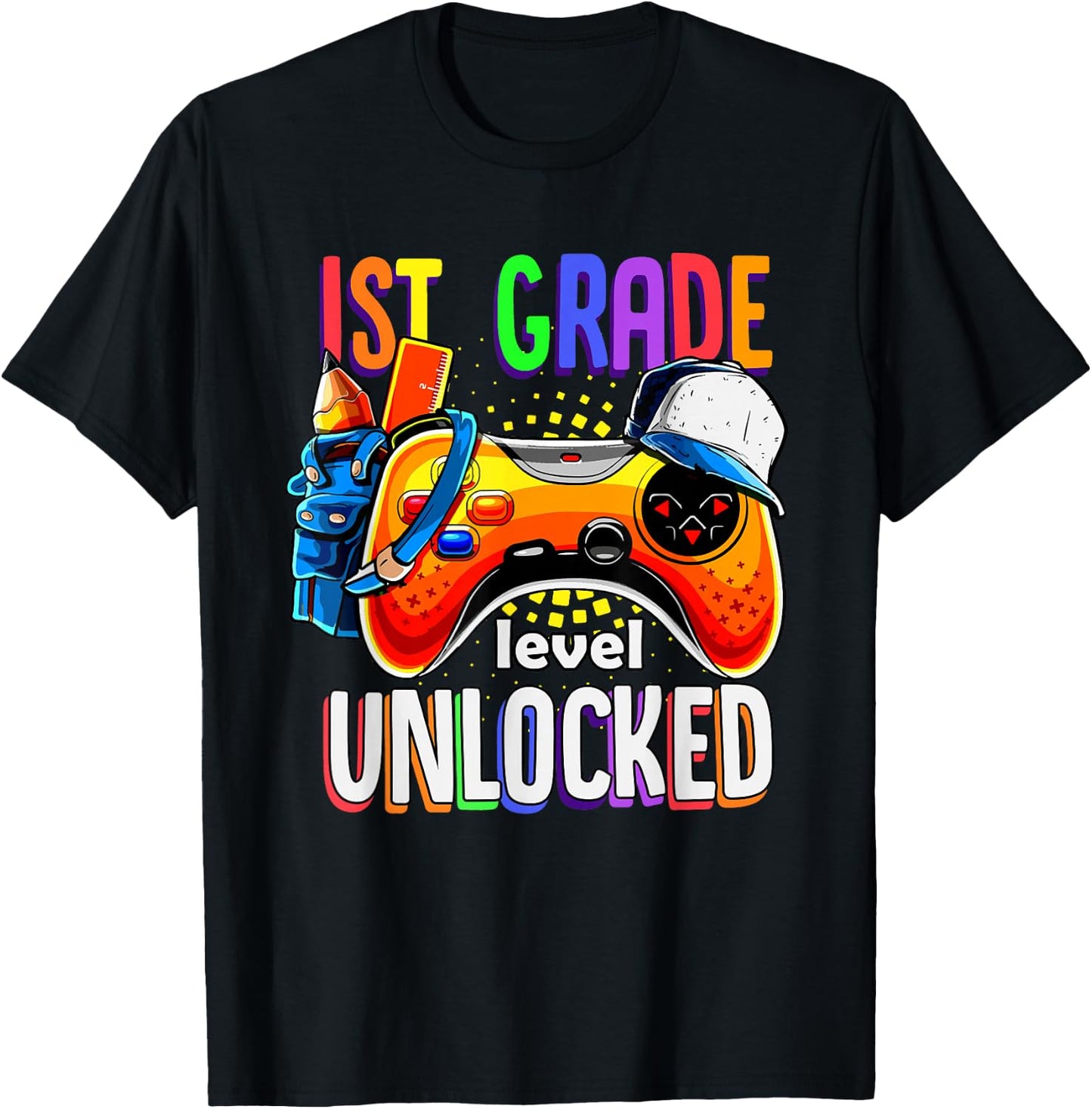 Gamer Back to School Gamepad 1st First Grade Level Unlocked T-Shirt - T-Shirt | Black
