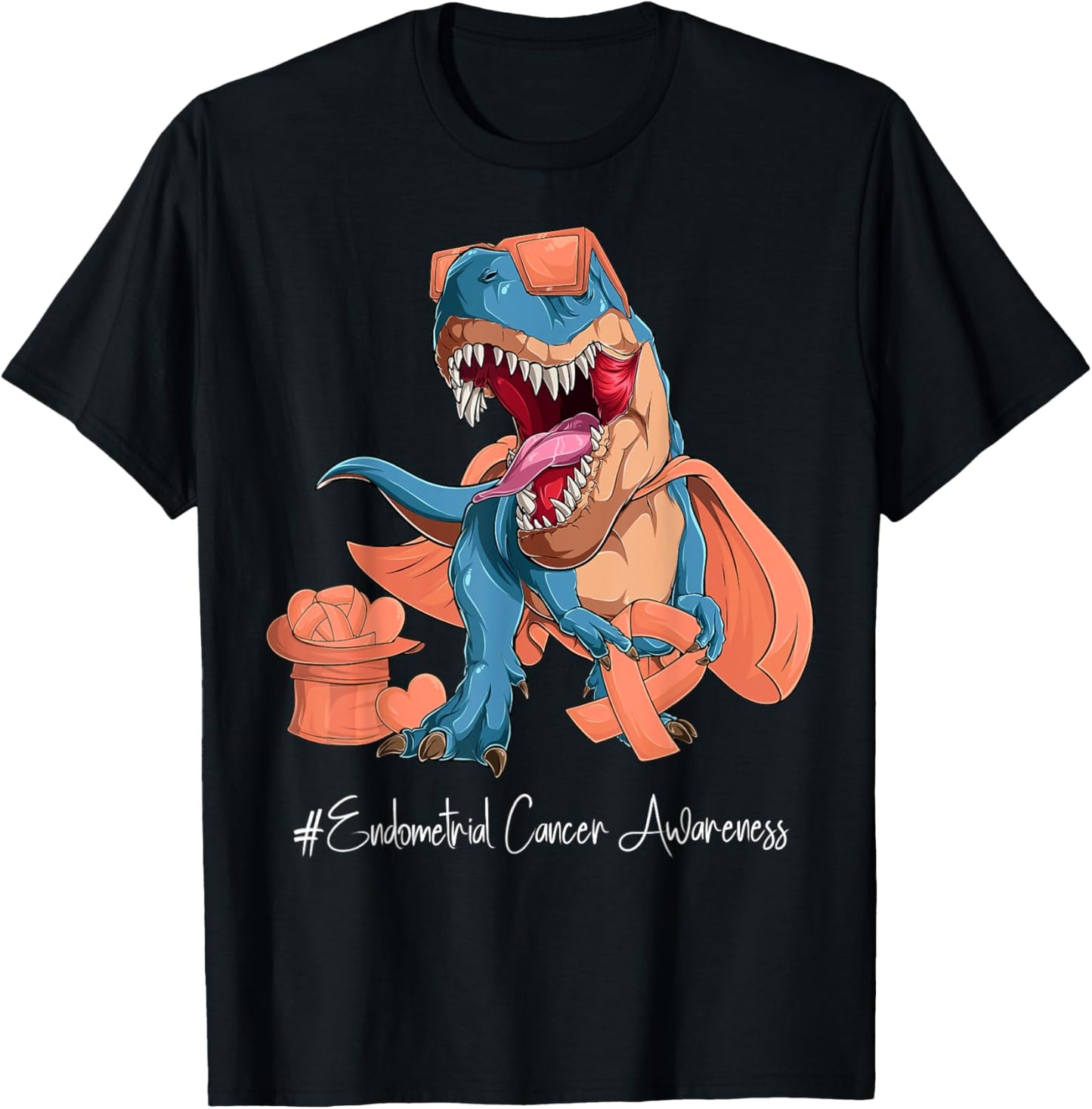 Endometrial Cancer Awareness Month Peach Ribbon Trex T-Shirt - T-Shirt | Black