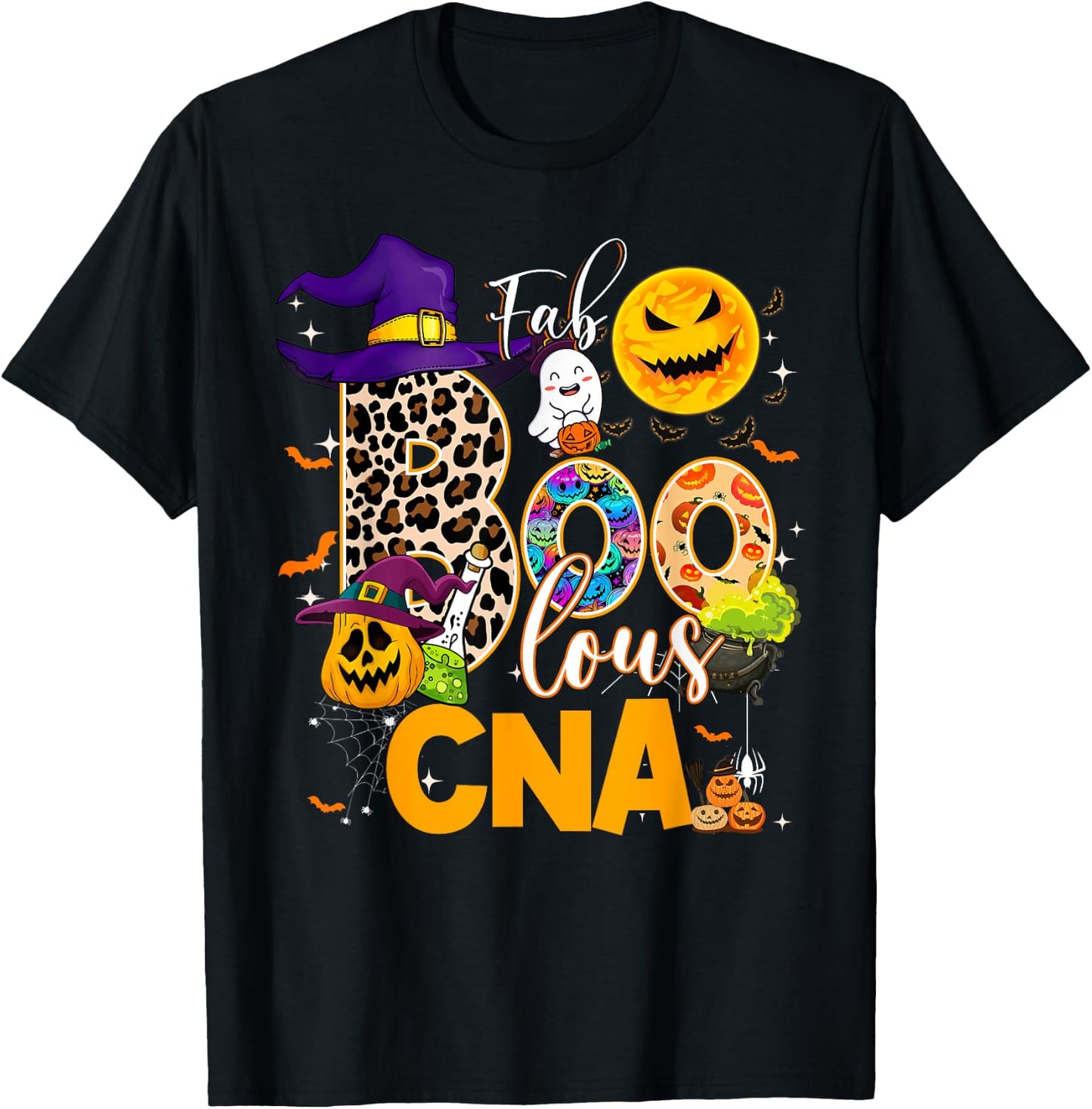 Fab Boo Lous CNA Nurse Nursing Halloween Leopard Pumpkin T-Shirt - T-Shirt | Black