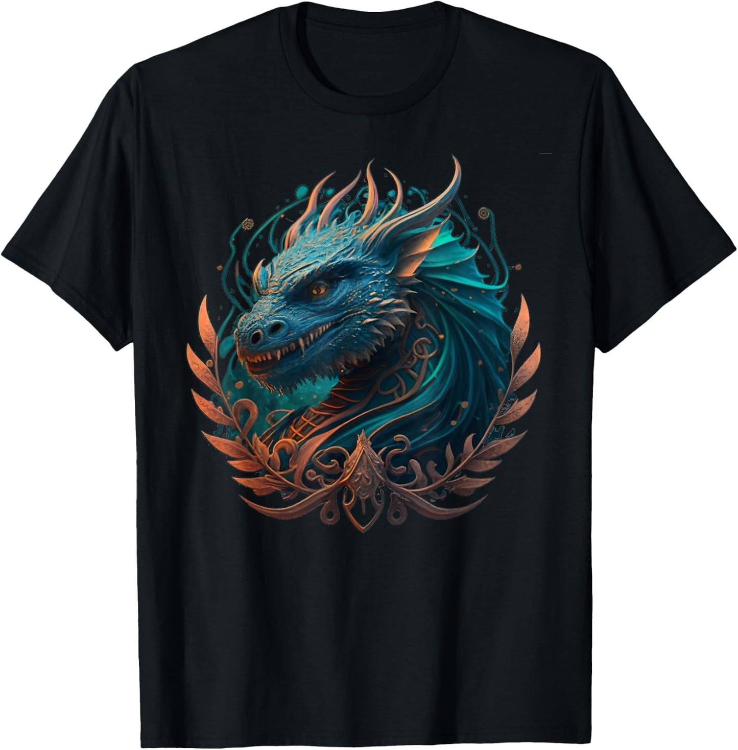 Mystical dragons head with curlicues in turquoise, drawing T-Shirt - T-Shirt | Black