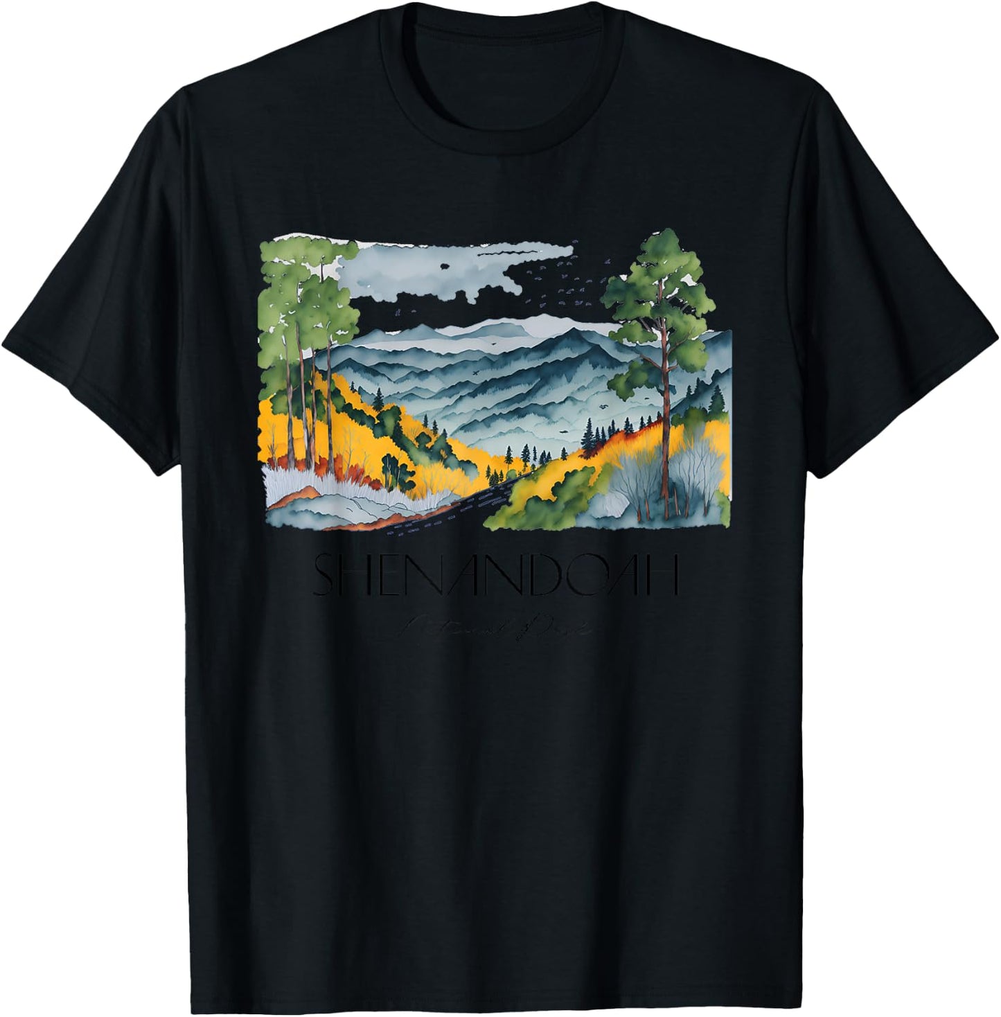 Cool Shenandoah National Park Hiking Watercolor Graphic T-Shirt - T-Shirt | Black