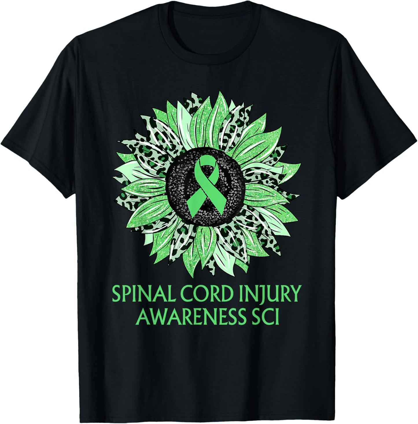 Leopard Sunflower Spinal Cord Injury Awareness SCI Green T-Shirt - T-Shirt | Black