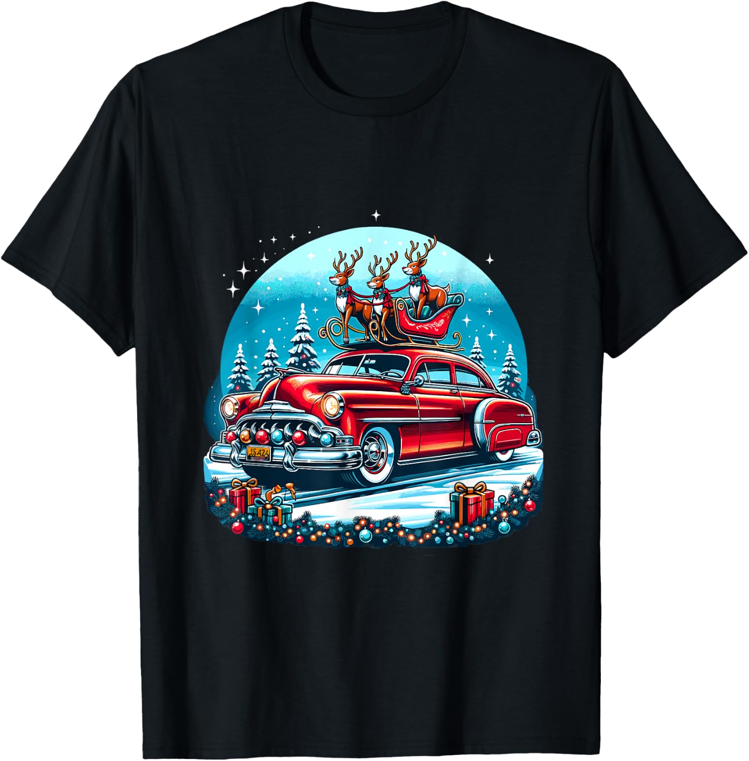 Holiday Roadtrip - Classic Car Christmas Tree T-Shirt - T-Shirt | Black