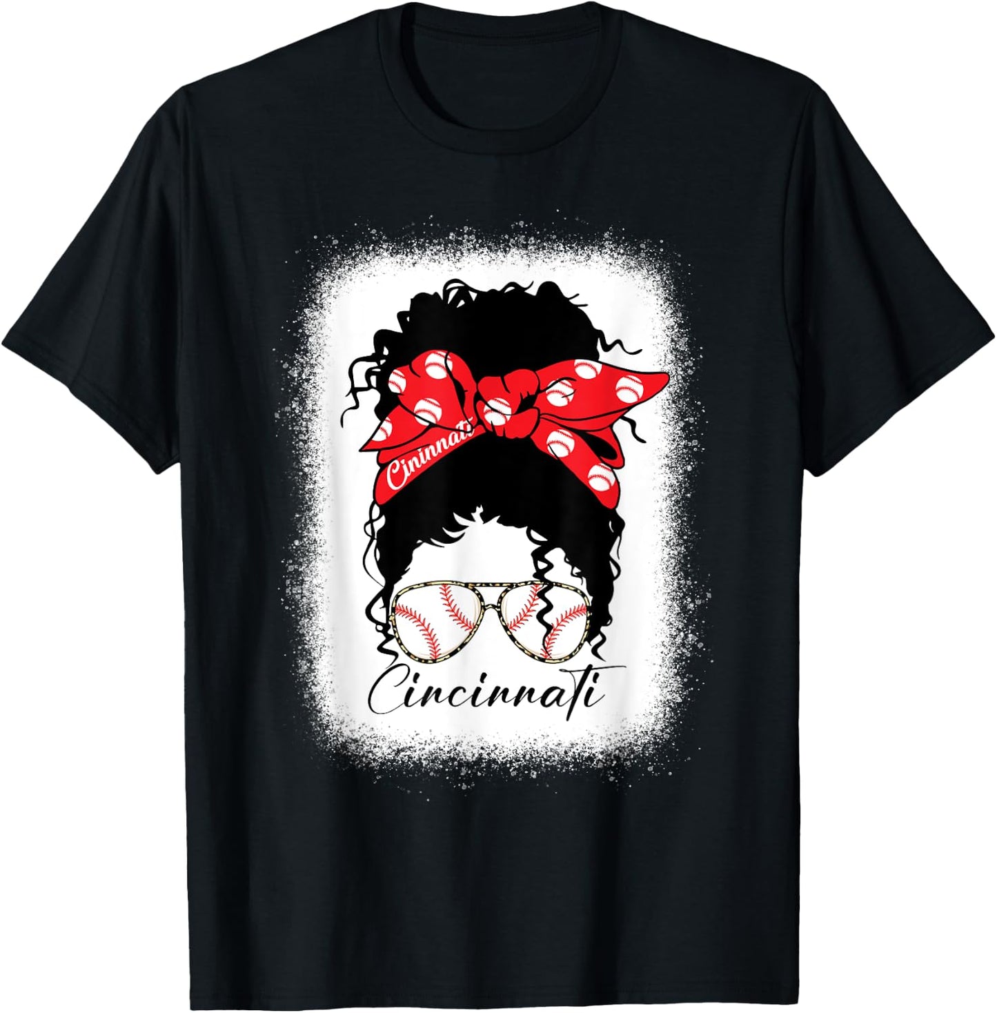 Cincinnati Messy Bun Bleached Baseball Fan I Love Cincinnati T-Shirt - T-Shirt | Black