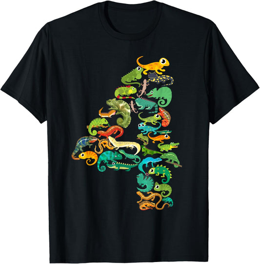 Kids 4th Birthday Reptiles Lizards Themed 4 Year Old Boys T-Shirt - T-Shirt | Black