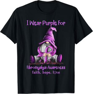 I Wear Purple Gnomes Ribbon Fibromyalgia Awareness T-Shirt - T-Shirt | Black