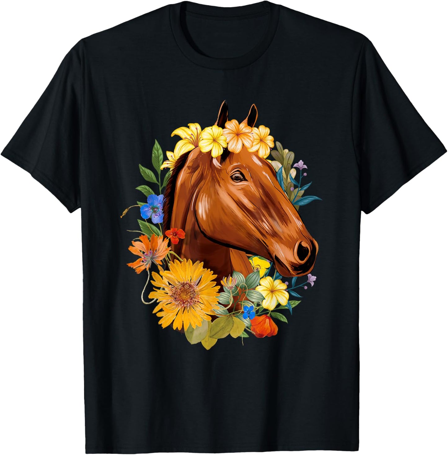 Floral Spring Horses - Animal Horse Rider Equestrian Lover T-Shirt - T-Shirt | Black